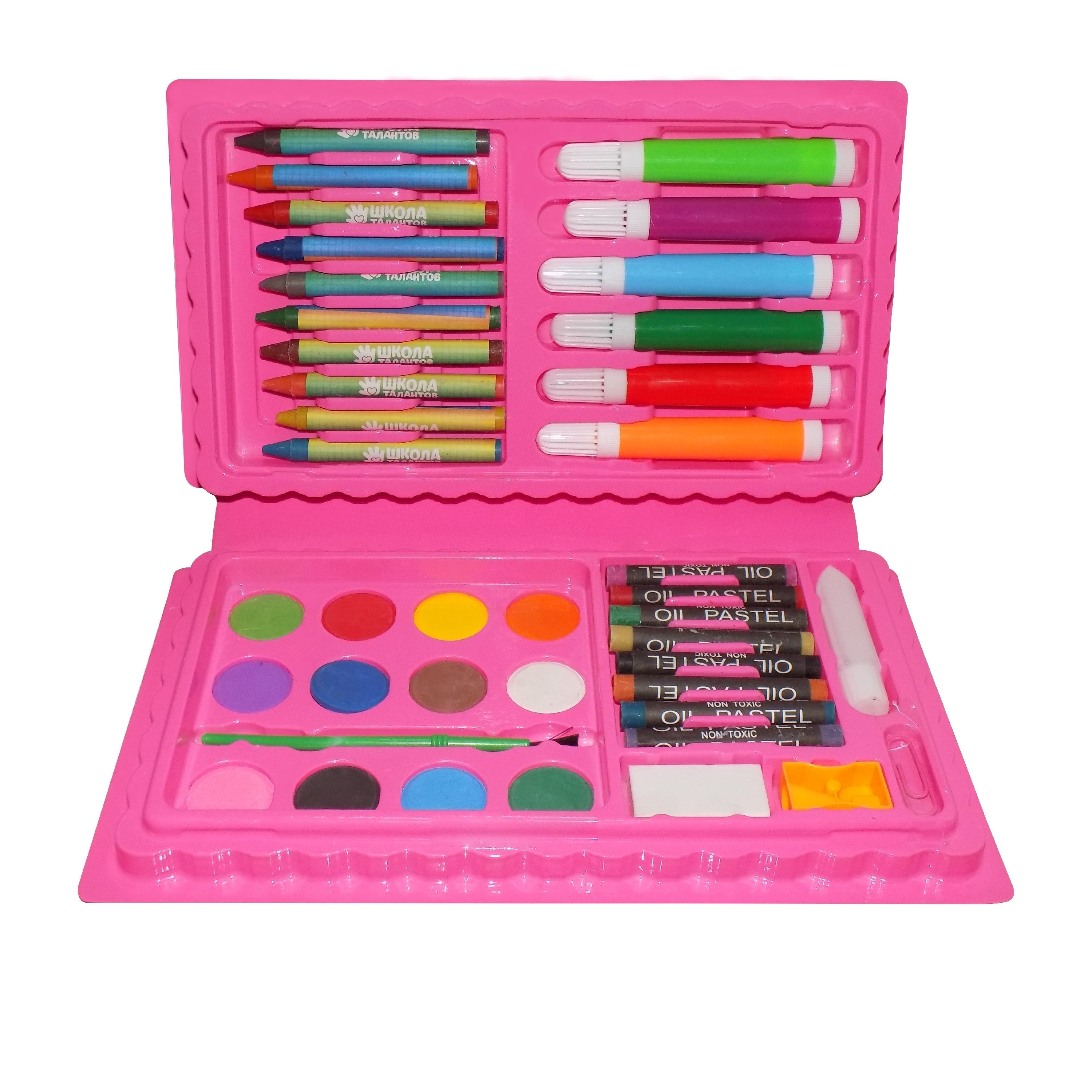 Colorful art kit featuring crayons, watercolor, and sketch pens. Colorful art kit featuring crayons, watercolor, and sketch pens.